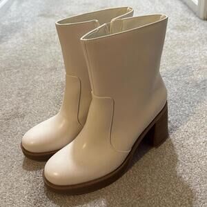 White Mid-Calf Block Heel Boots for Women